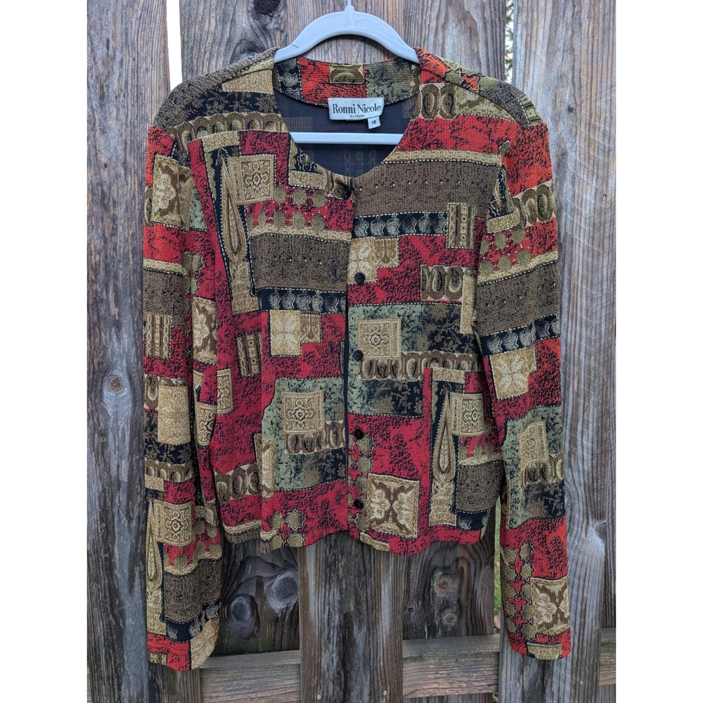 Womens Ronni Nicole Red Multi Cardigan Top 18 Excellent Abstract Patchwork Print